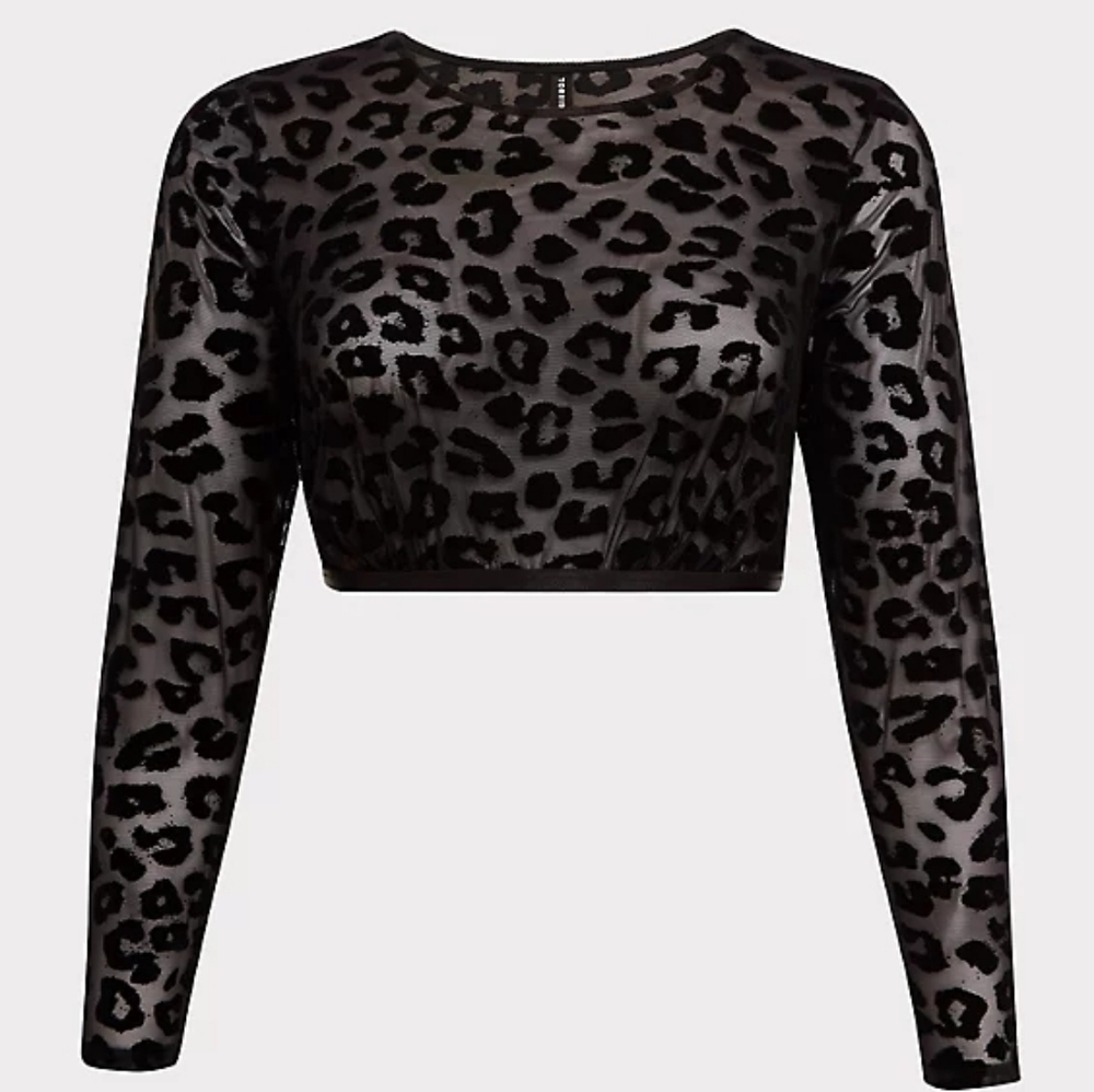 Torrid Mesh Flocked leopard Long Sleeve Crop Top